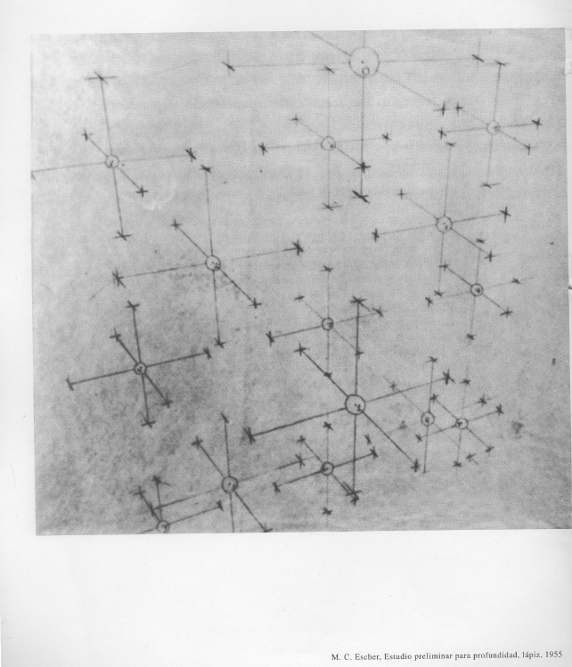 M.C. Escher. Estudio preliminar para profundidad. Lápiz, 1955